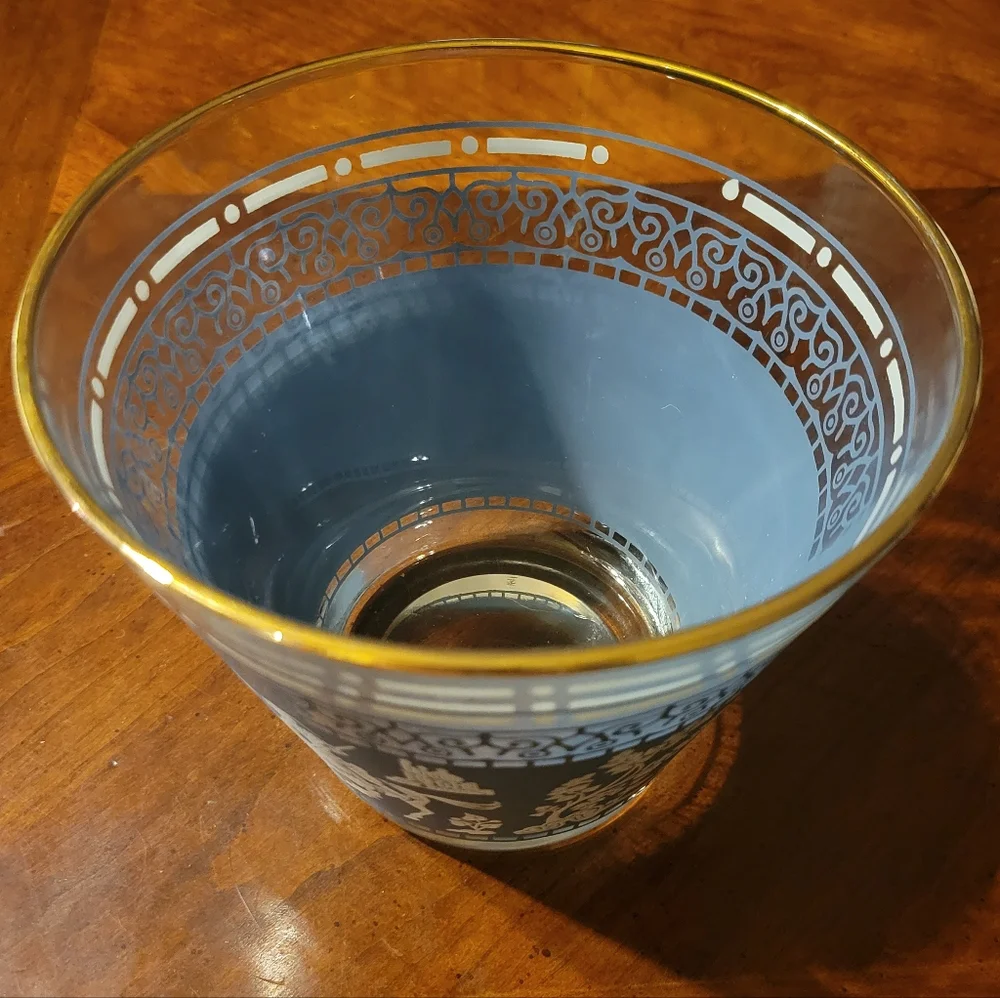 Vtg 60's Genghis Khan Glass Blue White Ice Bucket Lions Horse Men Hunt Gold Rim